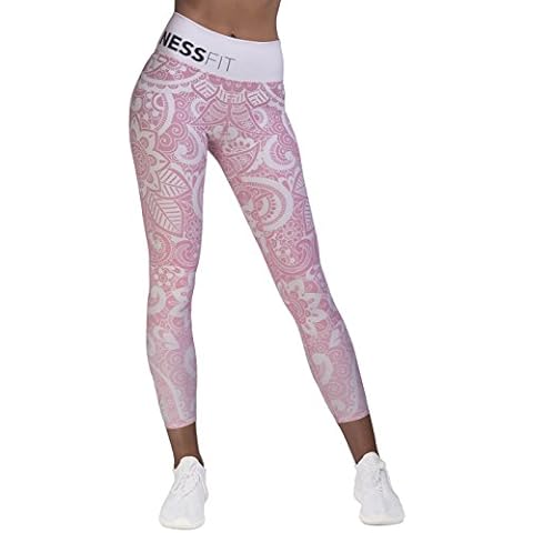 NESSFIT® Women’s Fitness High Waist Leggings Workout Tights Compression Gym Yoga Comfortable Pants Full Length XS S M L (Small, Mandala Pink - Leggings) Cover
