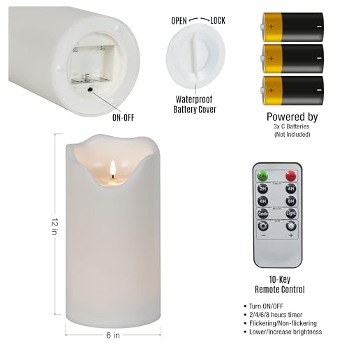 Image of 12 inch x 6 inch Waterproof Outdoor Flameless Candles Battery Operated LED Flickering Pillar Candles with Remote and Timer for Indoor Outdoor Lanterns, Long Lasting, White Large, 1 Pack