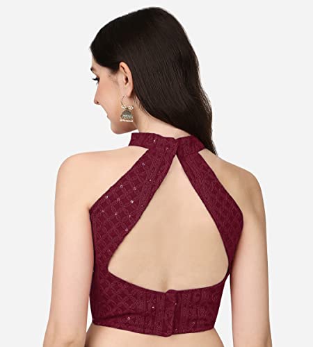 Image of Pujia Mills Women's Halter Neck Chickenkari Work Readymade Saree Blouse