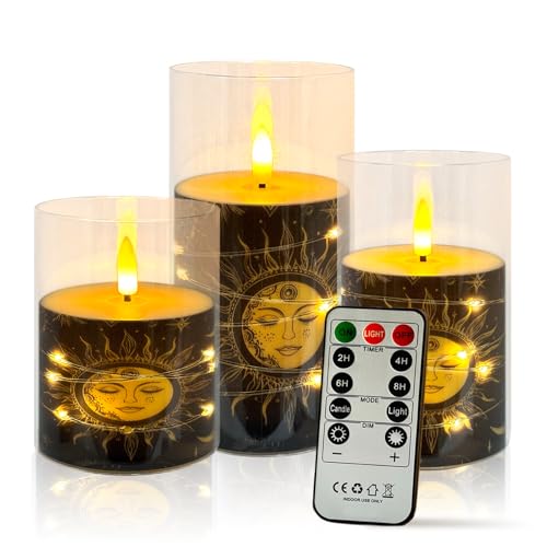 Image of Flickering Flameless Candles Black Moon and Sun, Embedded Star String Lights, Battery Operated Acrylic LED Pillar Candles with 11-Key Remote and Timer for Home Decoration, 3 Pack