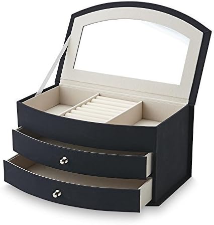 Jaclyn Smith Black Faux Suede Jewelry Box - Three Section Interior + Two drawers - Soft Velvet Interior - Vanity Mirror Under Lid by Jaclyn Smith