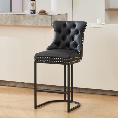 Image of UVV Counter Height Bar Stools Set of 1, 26 inch Modern Barstools with Back, Faux Leather Upholstery Counter Chairs with Metal Legs for Kitchen Island, Bar, Counter, Black