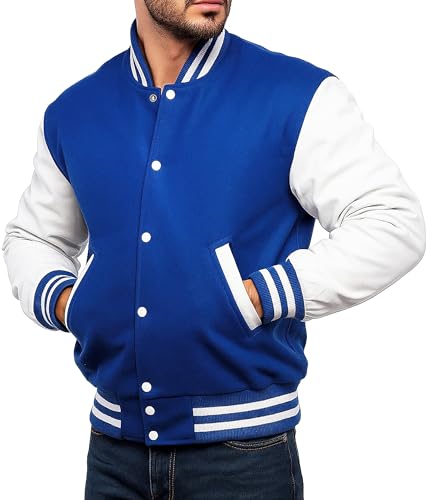 College Letterman Style Varsity Jacket – Mens/Womens High School Baseball Coat Wool + Faux Leather Sleeves