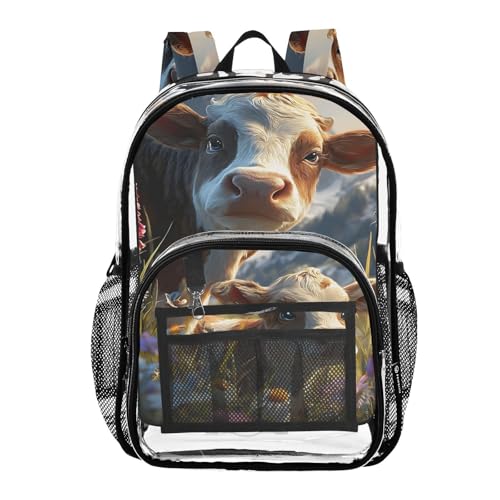 Cow Flower Clear Backpack Heavy Duty See Through Transparent PVC BookBag for Kids Boy Girl School Work