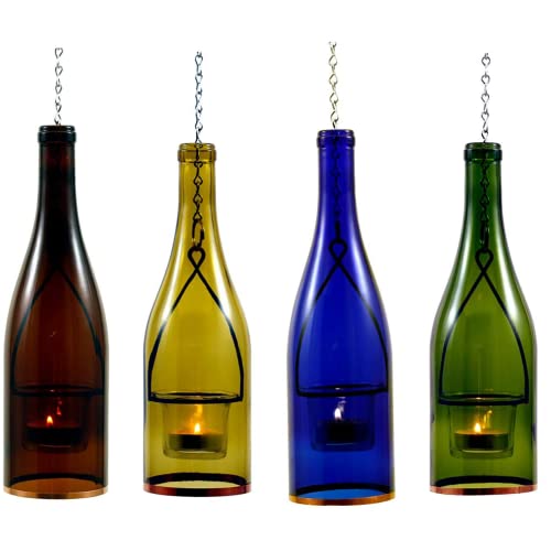 Hanging Wine Bottle IndoorOutdoor Lantern Lights Decorative Lights Votive Candle Holder Great for Rustic Wedding Decorations Patio Decor or Garden Decor Assorted 4pcs