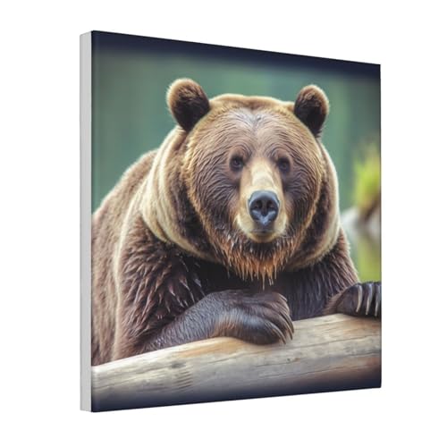 Toile murale ours grizzly pour salon déco chalet contemporain tableau bois