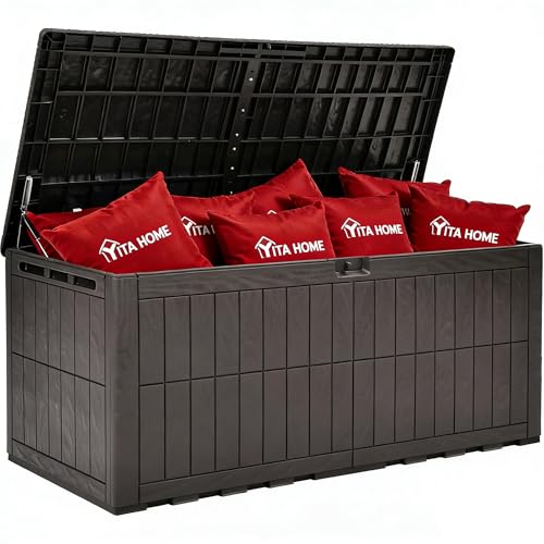 YITAHOME XXL 240 Gallon Extra Large Deck Box Waterproof Resin Outdoor Storage Box with Lock and 3-Person Bench Seating for Patio Furniture Cushions Garden Tools & Pool Accessories Dark Brown