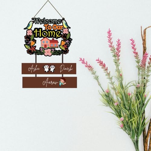 Image of Webelkart Premium Wooden Welcome To Our Home Customised Wall Hanging Name Plate For Home Entrance outdoor, Wooden Hanging House Name Plate - (16 x 10 inches)