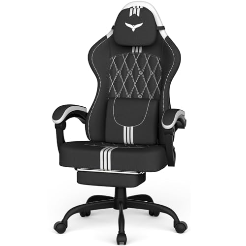Ferghana Silla Gaming Ergonómica - Reposacabezas, Reposapiés, Cojín Lumbar, Altura Regulable, Giratoria, Tejido Lino Transpirable, Apta como Silla Oficina, Escritorio o PC (Negro-Blanco)