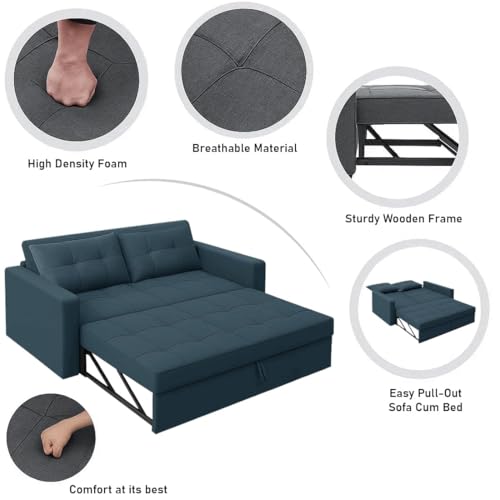 Image of CASASTYLE Trissa 2 Seater Pull-Out Premium Fabric Sofa Cum Bed Sofa Set for Living Room (Teal Fabric Color)