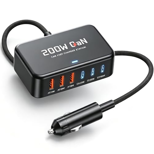 Ftenlyen 200W Car Charger 6-Port USB Car Charging Station - 12V 24V Cigarette Lighter Adapter Fast Charging Road Trip Automobile Charger for iPhone 17/16 Pro Max, MacBook Pro/Air, Laptop, iPad, Tablet