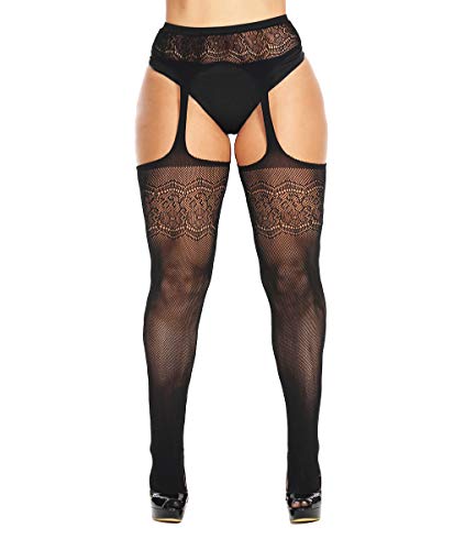 CURRMIEGO Womens Fishnet Suspender Tights plus size patterned pantyhose Stockings 2-Pairs (Black S005, Plus)