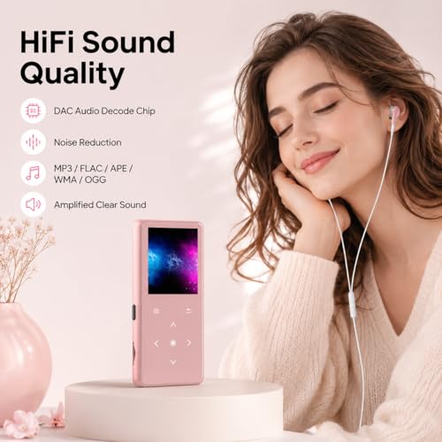 Image of 64GB MP3 Player with Bluetooth 5.2, AiMoonsa Music Player with Built-in HD Speaker, FM Radio, Voice Recorder, HiFi Sound, E-Book Function, Rose Gold