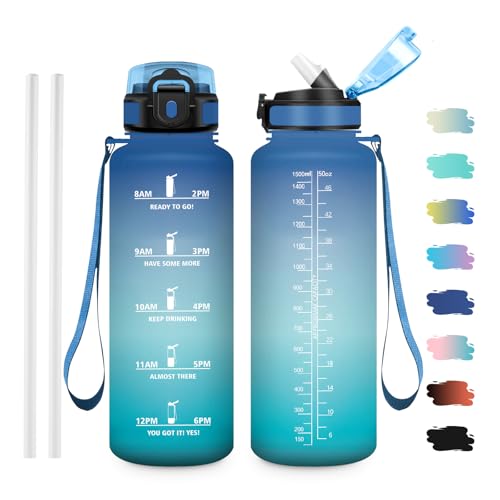 JAPORIA Gourde Motivation 1.5L, Gourde avec Paille et Marqueur de Temps, Bouteille d'eau sans BPA, Bouteille pour Fitness, Yoga, Bureau, Randonnée