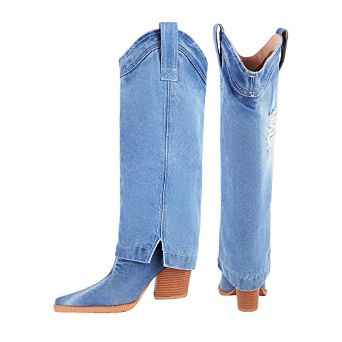 Image of Reitoye Cowboy Boots Women Knee High Cowgirl Embroidered Chunky Heel Boots | Block Chunky Heel,Pointed Toe,Half Side Zipper & Pull Tab,Embroidered Tall Boots,Fall Summer Spring Winter Dress Long Boots
