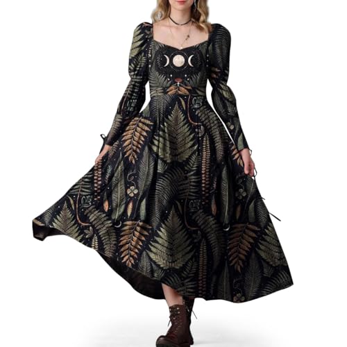 CORAMOON Womens Black Floral Dresses Gothic Celestial Maxi Sundresses Long Sleeve Casual Boho Flowy Dress Valentines Outfit