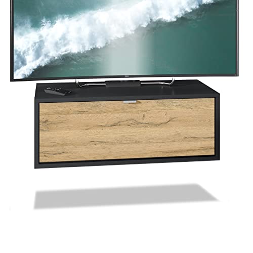 Vladon Meuble TV Lana 80 Armoire Murale lowboard 80 x 29 x 37 cm, Caisson en Noir Mat, façades en chêne Nature | Grand Choix de Couleurs