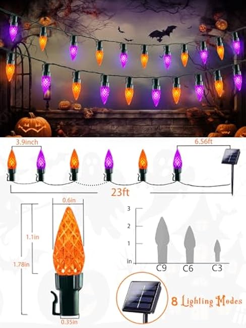 C6 Solar Halloween Lights, 50 LED 16FT Halloween Decorations Outdoor Waterproof, Solar String Lights for Outside with 8 Modes, Fairy Twinkle Light for Tree Party Garden Decor (Orange and Purple)