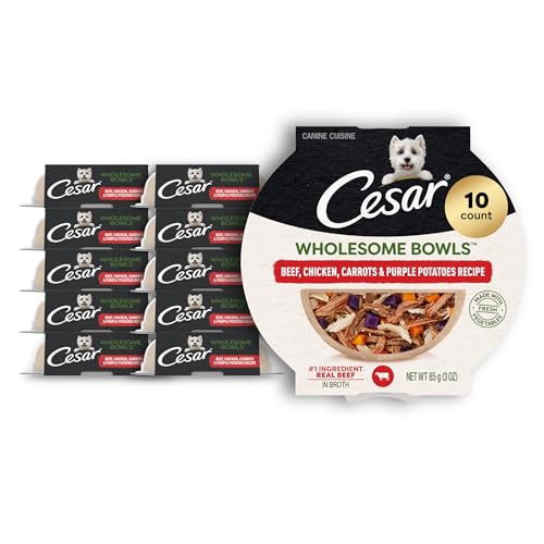 Image of Cesar Wholesome Bowls Wet Dog Food, Beef & Purple Potatoes, 3 oz, 10 Count | Real beef #1 ingredient, slow-cooked, no by-products or artificial flavors, 10 key ingredients, easy to digest