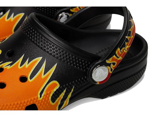 Image of Crocs Unisex Classic Clogs with Patterns and Graphics (Little Kid /Big Kid) Black /Multi Flames 6 Medium