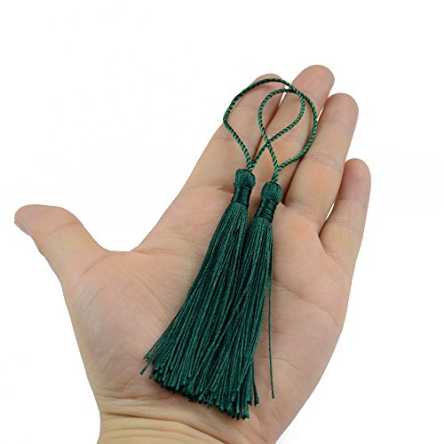 Image of 100pcs 13cm /5 Inch Silky Floss Bookmark Tassels with 2-Inch Cord Loop and Small Chinese Knot for Jewelry Making, Souvenir, Bookmarks, DIY Craft Accessory (Dark Green)