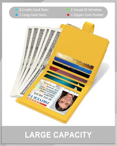 Image of Aiawoxc Womens Wallet, RFID Small Slim Wallets for Women, Compact Credit Card Holder, Cute Leather Bifold Ladies Purse with Zipper Coin Pocket and ID Window, Yellow