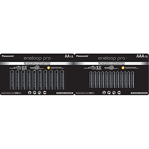 Panasonic BK-3HCCA12FA eneloop Pro AA High Capacity Ni-MH Pre-Charged Rechargeable Batteries, 12 Pack & BK-4HCCA12FA eneloop pro AAA High Capacity Ni-MH Pre-Charged Rechargeable Batteries, 12 Pack
