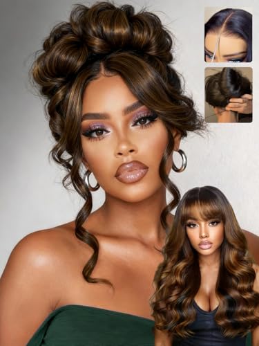 Image of Sunber Ombre Brown Highlight Balayage Loose Body Wave With Bangs Glueless Wigs Pre cut 7x5 HD Lace Front Bye Bye Knots Drawstring Wig 24Inch Put On Go Pre Plucked Bleached Invisible Knots 180% Density