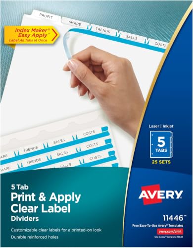 Image of Avery 5 Tab Dividers for 3 Ring Binder, Easy Print & Apply Clear Label Strip, Index Maker Customizable White Tabs, 25 Sets (11446) (Pack of 6)