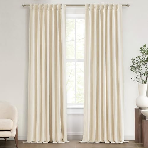 Image of QJmydeco Textured Linen 96 Inch Blackout Curtains, Pinch Pleated /Back Tab Drop Cloth Curtains to Cover Closet Farmhouse Draft Blocking Block Out Cottage Window Drapes 2 Panels 8 FT Tall Beige Cream