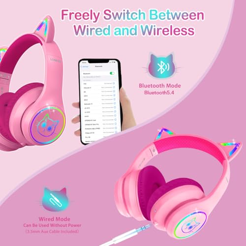 Image of LOBKIN Bluetooth 5.3 Kids Headphones with Case - RGB LED Light Up Cat Ears Foldable Adjustable Over-Ear Headset Support Wireless or 3.5mm Wired Mode for Toddler & Girls & Boys Teens (Rose Red)