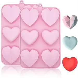 Valentine's Day Silicone Molds 2PCS Large 3D Diamond Heart Shape Chocolate Molds Soap Molds Cookie Cake Silicone Heart Molds for Candy Jello Candle Cake Molds for Baking (Large Heart molds)