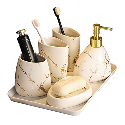 SSJY Juego de Accesorios para baño de cerámica,5/6 Piezas Juego de Accesorios para baño en mármol Efecto,con Bandeja,portacepillos de Dientes,Vaso Tazas y jabonera Cover