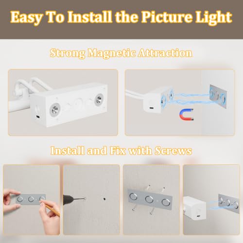 Image of Battery Operated Picture Light for Wall, Remote Control, White | 4000mAh Cordless,Wall Light, Magnetic for Easy to Charge,Timers, Display for Gallery Living Room Bedroom