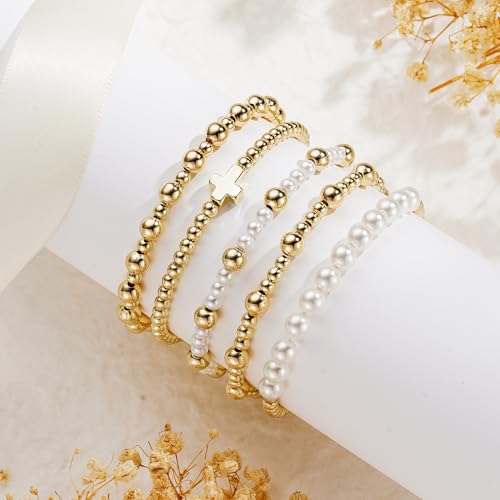 Turandoss Lot de 5 bracelets dorés pour femme avec perles – vue 6