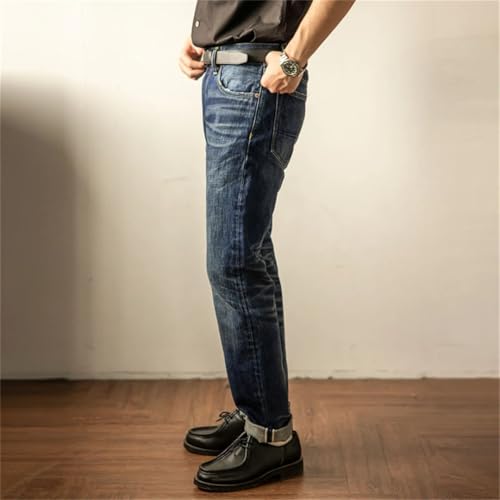 Men’S Vintage Slim Straight Selvedge Denim Full Length Pants Zipper Fly Mid Waist Midweight Dark Wash Office Wear 5
