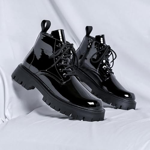 Men's Lace-Up Platform Lugs Sole Ankle Boots,Fashion Patent Leather Side Zip High Top Boots Comfort Outdoor Anti-Slip Four Seasons Booties3