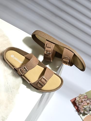 Image of Women Denim Double Strap Buckle Slides | Comfortable Casual Flat Slippers for Women | Lightweight Open Toe Slip-On Sandals Everyday Wear