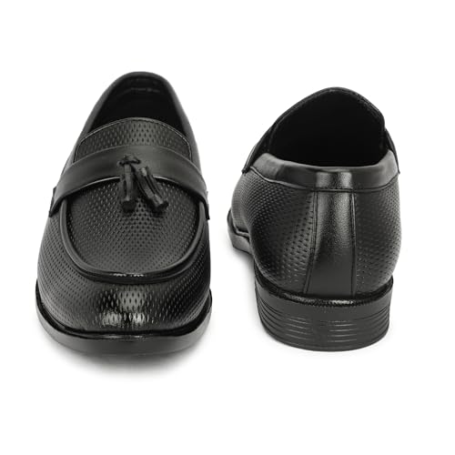 Image of NARKI Men's Black Textured Leather Tassel Loafers - Stylish Slip-On Formal Shoes for Office