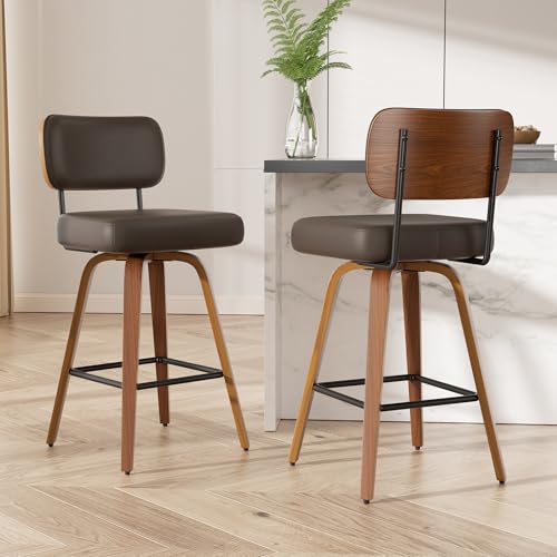 Image of Swivel Bar Stools Set of 2, 26 inch Upholstered Faux Leather Counter Height Barstools with Walnut Back & Bentwood Legs, Mid Century Modern Bar Chairs Island Stools for Kitchen Counter, Coffee