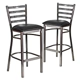 Flash Furniture 2 Pack HERCULES Series Silver Antique Finish with Clear Coat Ladder Back Metal Restaurant Barstool - Black Vinyl Seat