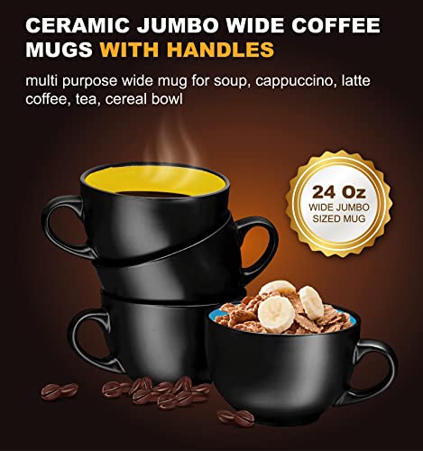 Bruntmor 24 Ounce Black Ceramic Coffee Mugs Set Of 4, Best Oversized Coffee Mugs For Your Christmas Party Occasion, Ideal For Large Latte,Birthday Gift, Party Occasion,Sturdy Handles,Tea Cups #TOP1
