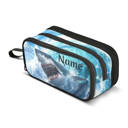 Image of Custom Shark Blue Ocean Wave Pencil Case Box Boys Girls Personalized Name Large Pencil Pouch Stationery Pen Bag Organizer for Kids Adults School Office