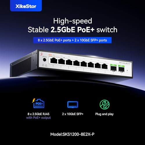 Image of 10 Port 2.5Gb PoE Switch，Umanaged Managed Network Switch，8 Port 2.5G RJ45 PoE，2 Port 10G SFP+, IEEE8023af /at，Total Power 100W, 30W per Port, Fanless，Supports AP, VoIP Phone, IP Camera, NVR