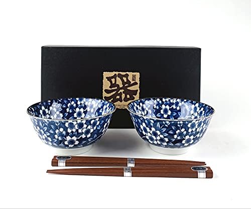 JapanBargain 4684, Japanese Porcelain Soup Bowls and Chopsticks Gift Set, Cherry Blossom Sakura Pattern Rice Bowls, Blue Color Ramen Bowl, Set of 2, Made in Japan