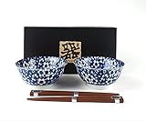 JapanBargain, Japanese Porcelain Bowls and Chopsticks Set, Rice Bowls and Soup Bowls, Gift Boxed, Set of 2, Made in Japan (Blue Sakura)