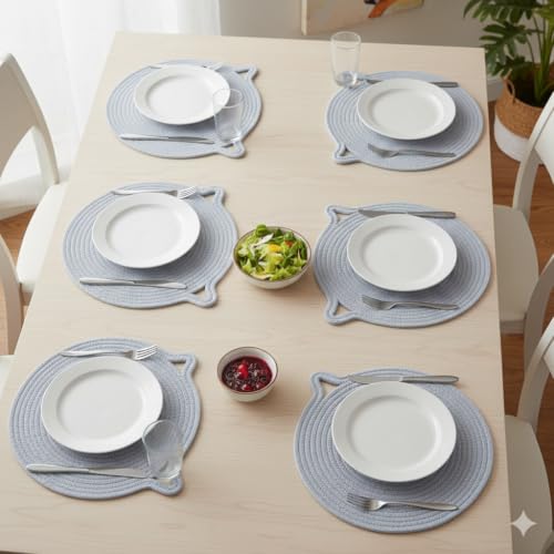 Image of Cotton Rope Placemats, Round Red with White Border, Set of 4, Heat Resistant Table Mats (Silver)