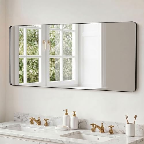 Image of Kosmonia 60x28 inch Black Bathroom Mirror Metal Framed Rounded Rectangle | Oversized Wall Mounted Mirror, Anti-Rust, HD Reflection, Tempered Glass, Hangs Horizontally or Vertically