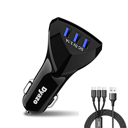 Image of Dyazo USB 2.4 Amp Car Charger Adapter 3 Port Compatible for Cellular Phones, iPhone X /Xr /Xs /Max /8 /7 /Plus, Vivo, Oppo, Galaxy, HTC and All Other Mobile Phones with Free 3 in 1 Cable, Black