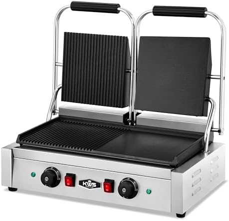KWS CPM-23 3400W Electric Panini Press Maker with Left Grooved & Right Smooth Dual Sandwich Toasting Grill – 19″ X 9″ Cooking Surface